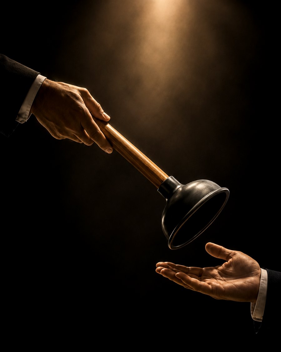 One hand passing a plunger to another